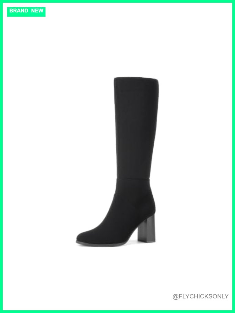 Faux Suede Knee High Boots Chunky Block Heel Side Zip Round Toe